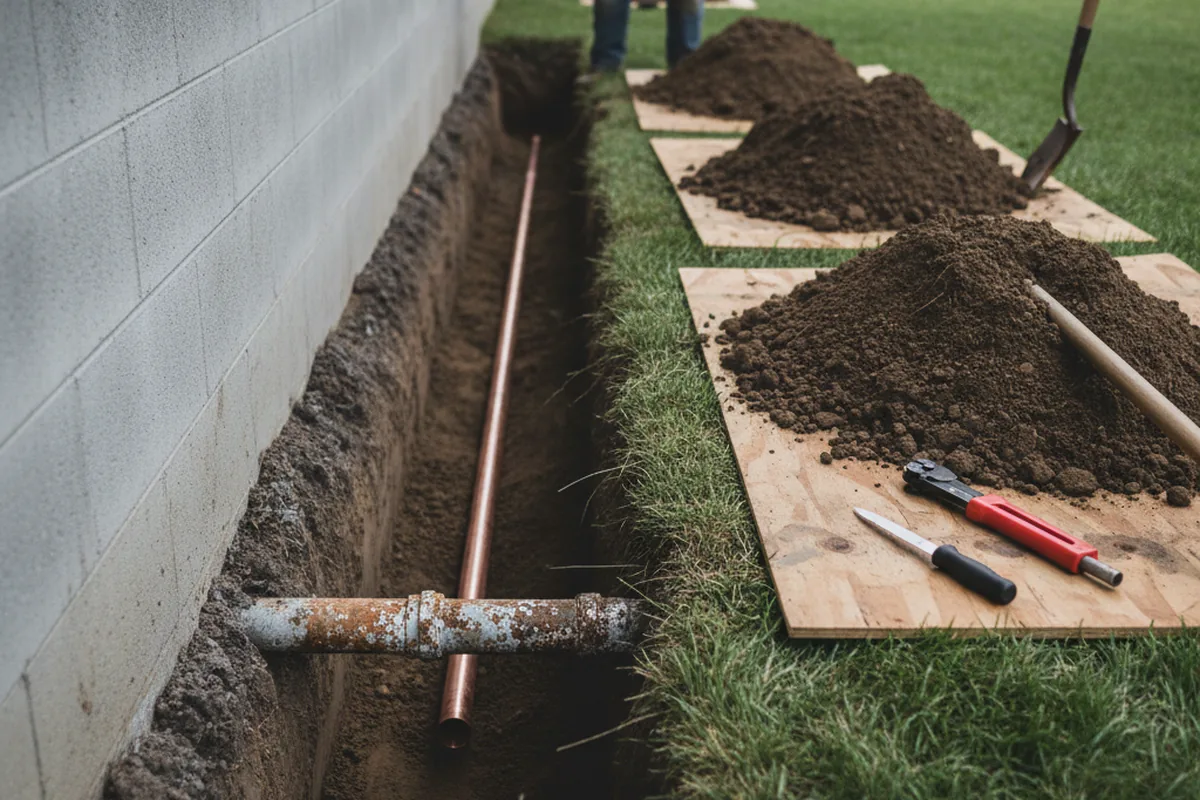 Excavated water line trench during Sewer Line Repair in Ashton